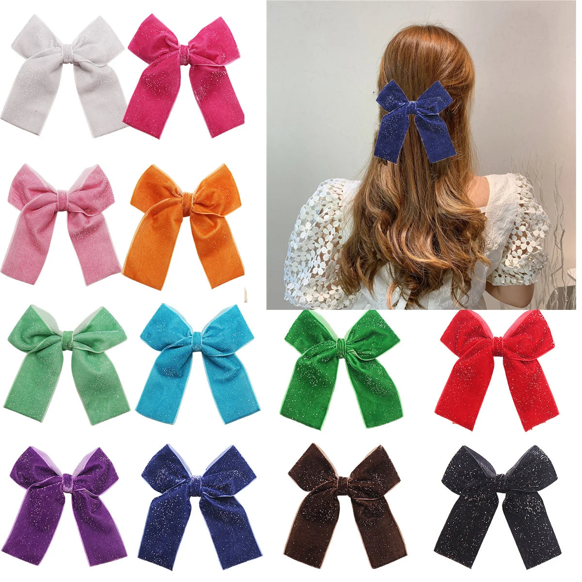 NEW 2pcs Velvet Bows Hair Clips 4 Inch Sparkly Sequin Solid Hair Bows With Hairpin Hair Accessories for Baby Girls