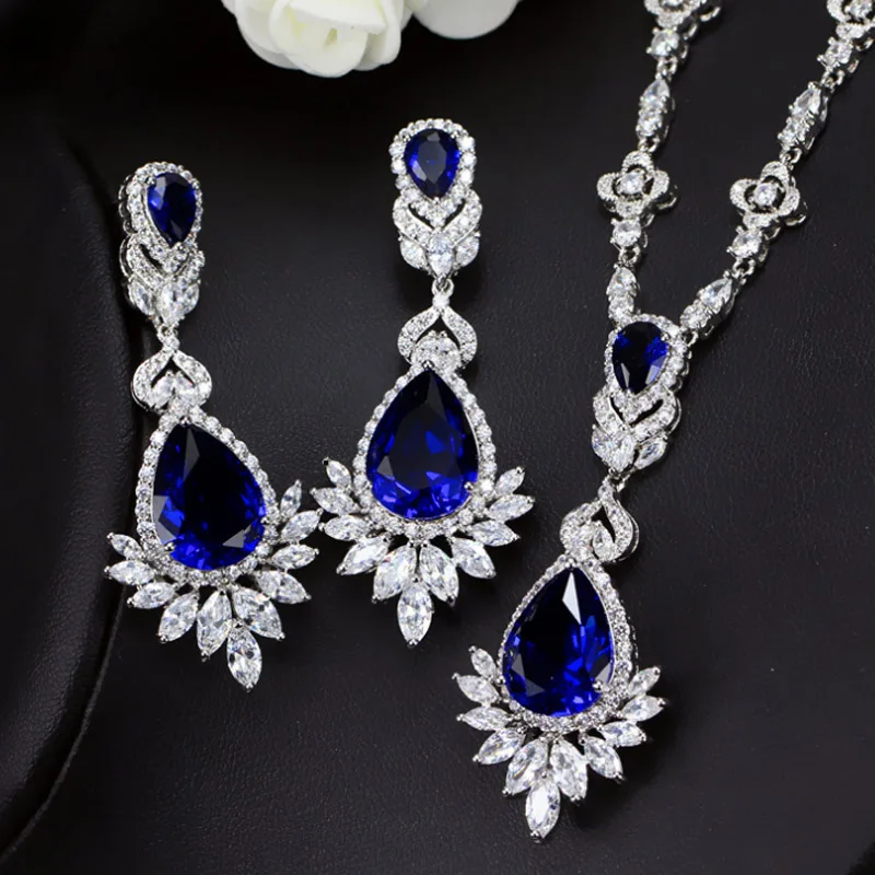 zlxgirl bridal jewelry sets Classic Dark blue cubic zircon Bridal wedding jewelry set couple accessory sets