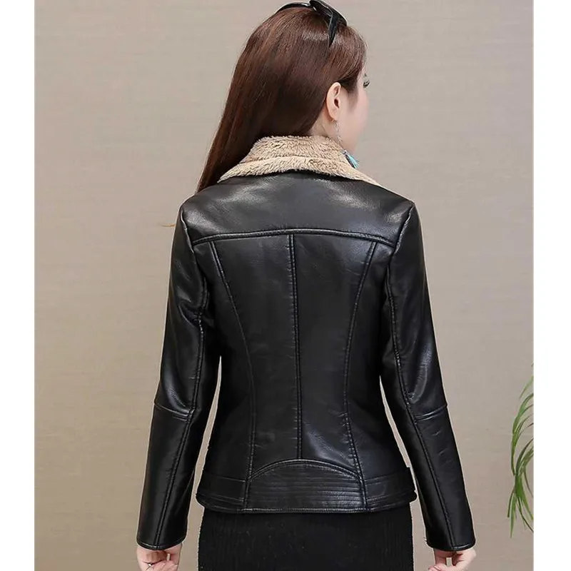 UHYTGF Winter Leather Jacket Women Fashion Fleece PU Leather Short Coat Korean Wild Thick Slim Warm Leather Jacket Female 3XL208