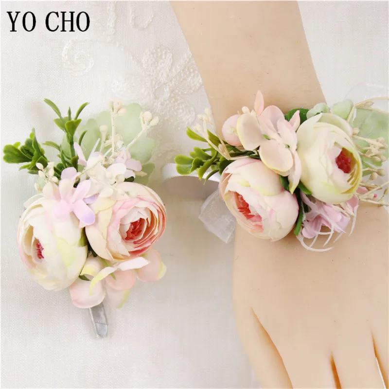 YO CHO Kunstbloemen Bruidegom Boutonniere Man Bruidsmeisjes Meisje Pols Corsage Armband Bruiloft Bloemen Boutonnières Party Decor