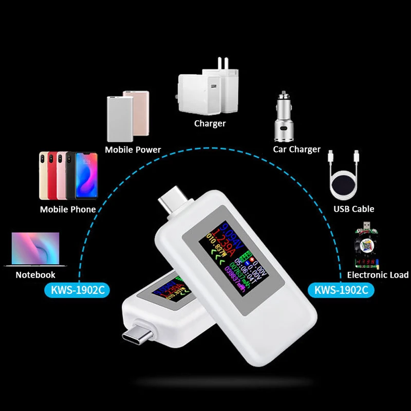 Type-C USB Tester Color Display 10 in 1 4-30V Voltage Meter Timing Ammeter Digital Monitor Cut-off Power Indicator Charger Teste