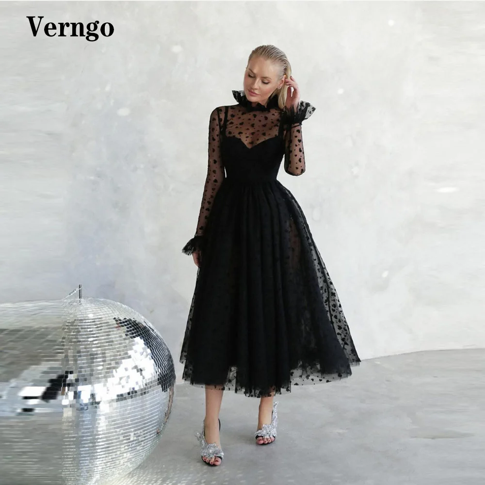 

Verngo Modest Black Heart Tulle A Line Evening Dresses High Neck Long Sleeves Tea Length Prom Gown Women Formal Event Dress 2021