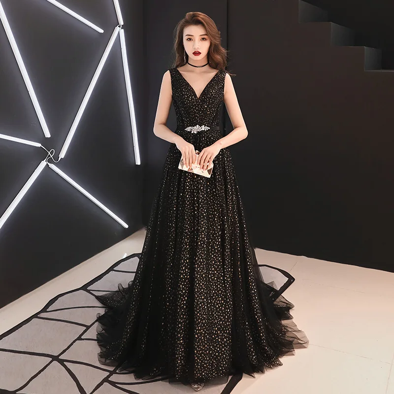 Black Sequins Sexy V-Neck Strap Evening Dress Women Bling Sequins Prom Gown Sexy Maxi Sleeveless Cheongsam Robe de Soiree