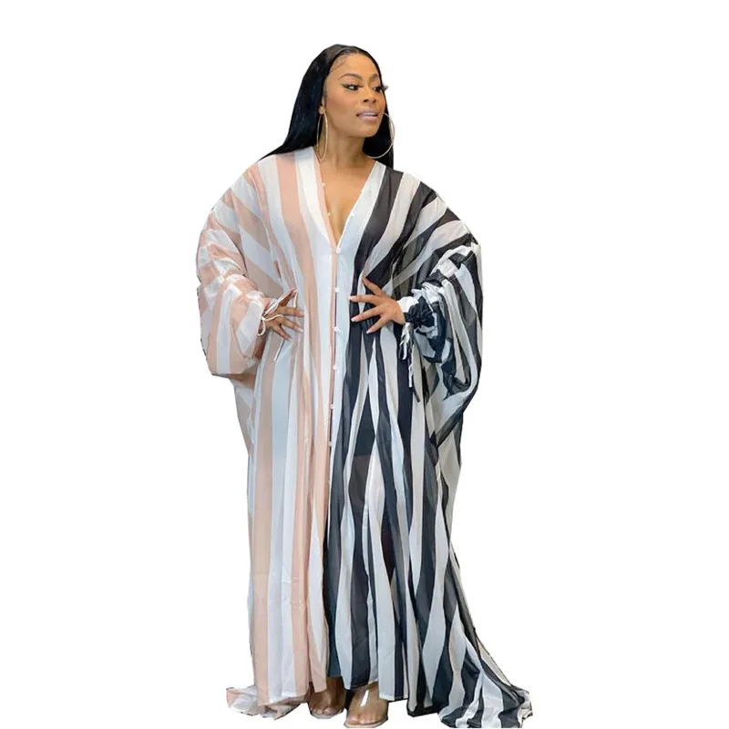 Abiti lunghi africani a righe larghe per le donne musulmane in chiffon Maxi Femme Robe Abiti nigeriani Abito estivo Abaya caftano moda