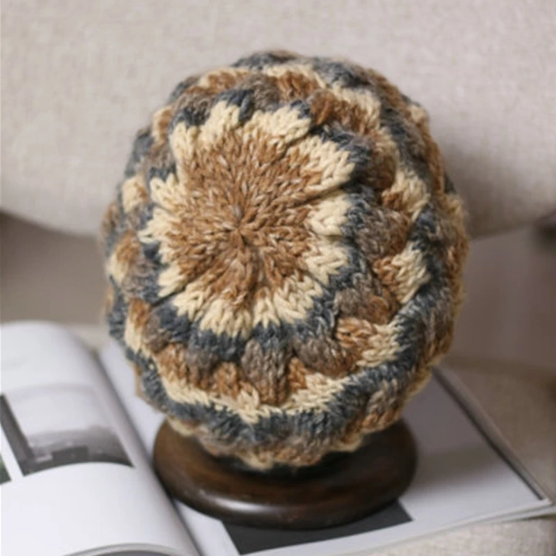 Knitted Beret hat Winter hat for Women Beanie Hat handmade autumn stitching gradient color retro wild painter wool hat Fashion