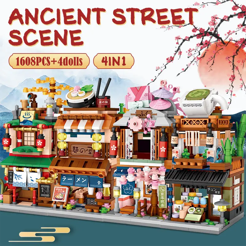 Mini City Street View Noodle Shop casa de bloques de construcción 4 en 1 arquitectura japonesa amigos figuras ladrillos juguetes para niños