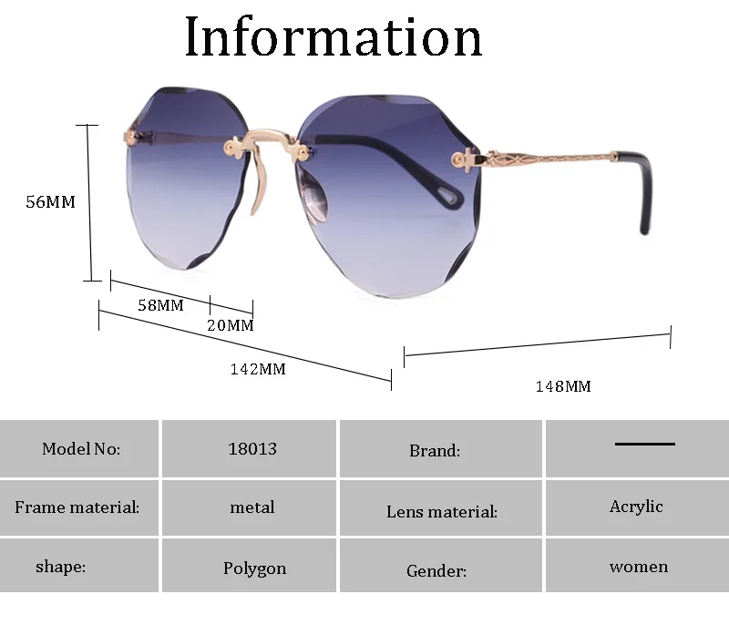 نظارات شمسية نسائية أنيقة ماركة فاخرة موديل 2020 بدون إطار عدسات متدرجة مضلع جودة عالية للنساء 18013