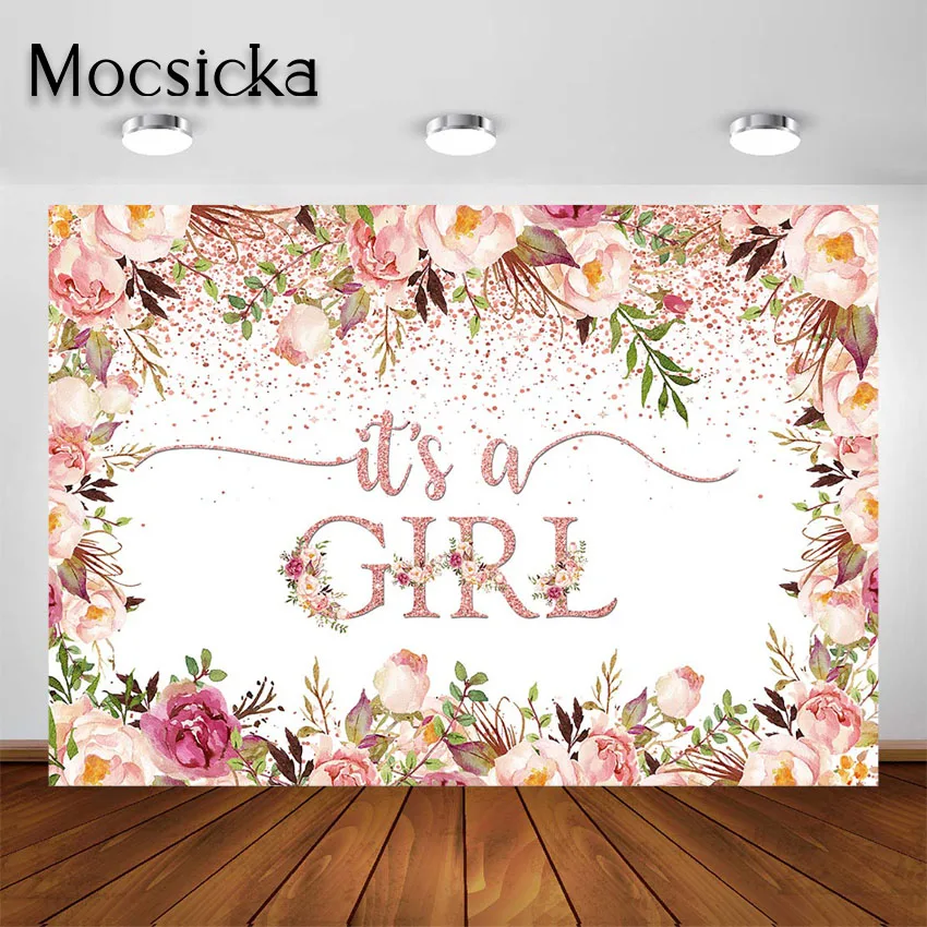 Mocsicka-女の赤ちゃんのシャワーの背景,ピンクの花の柔らかな防水背景,写真の装飾