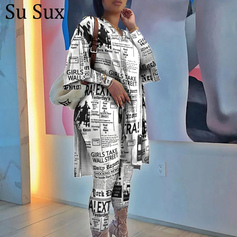 Casual Suit 2 Piece Sets Women's Newspaper Print Tops And Pants High Waist Tracksuit Vestidos Overalls Female 2021 Autumn