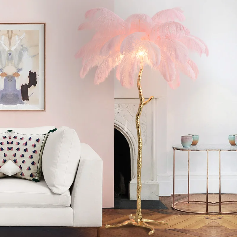 Feather Floor Lamp Living Room Bedroom Bedside American Light Luxury Net Red Ostrich Feather Copper Floor Lamp Nordic Decoration