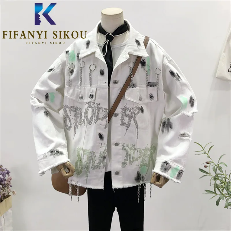 

Letter Graffiti Jeans Jacket Women Fashion Diamonds Hole Denim Jacket Female Streetwear Loose Jeans Coat Harajuku Jackets 2021
