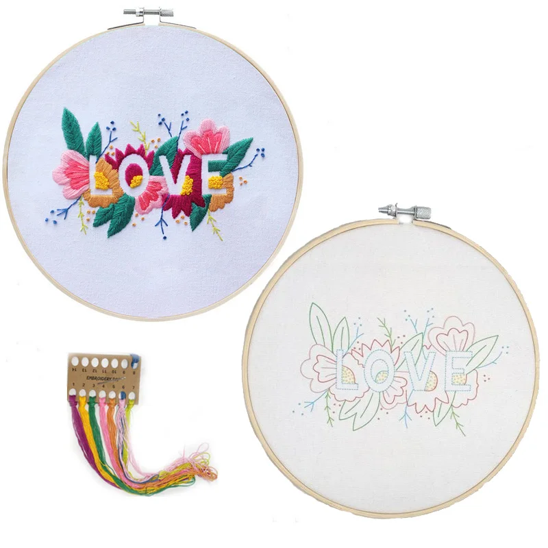 DIY Flower Embroidery Kit Flower Love Pattern Printed Cross Stitch Needlework Sewing Art Painting Embroidery Hoop Creative Gift