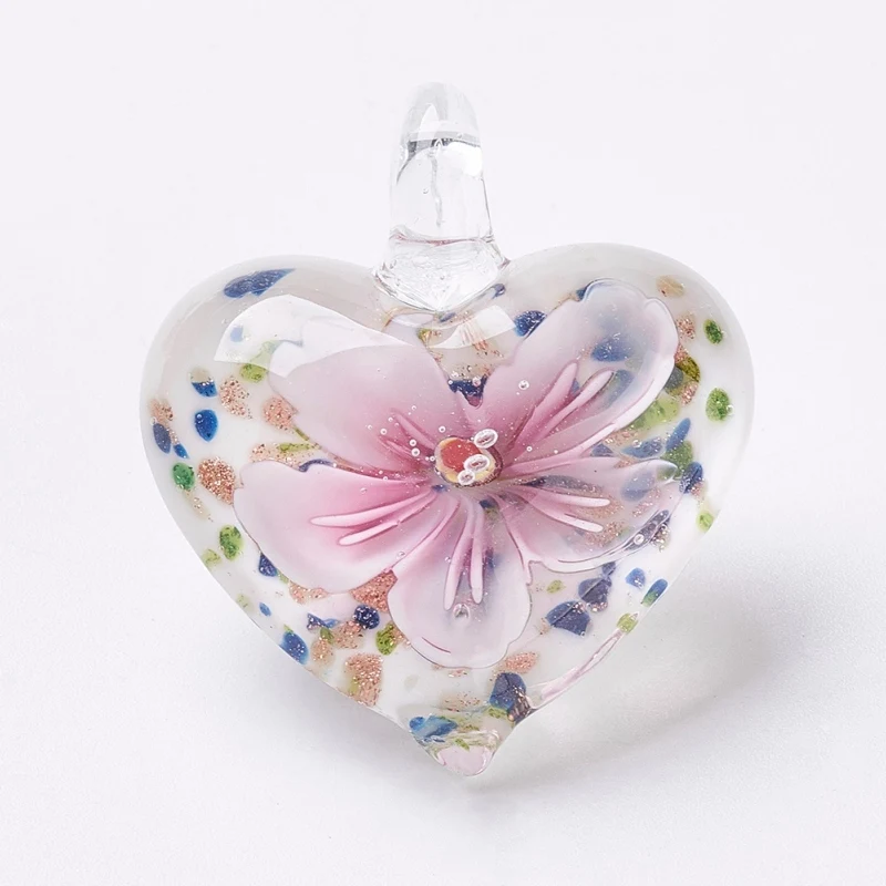 10pcs Murano Glass Heart Handmade Lampwork Pendants Inner Flower Lampwork Glass Charms for Necklace Jewelry Making Gifts