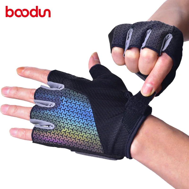 Boodun Shockproof Luminous Cycling Half Finger Gloves Light Reflective Outdoor Sport Mittens MTB Road Bike Racing Dazzle Glove