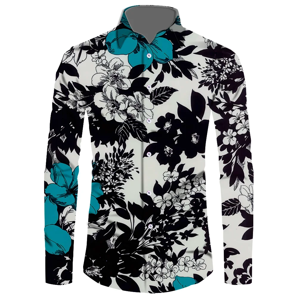 

Hawaiian Flower And Plant Pattern Quality Men Shirt Long Sleeve Business Office Casual Shirt Slim Fit Man Dress Shirts Custom