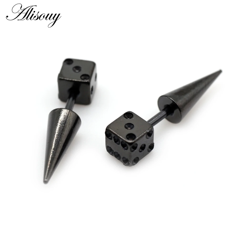 Alisouy 2pcs Fashion Punk Gothic Dice Spike Cone Square Stainless Steel Ear Stud Earrings Male Men women Piercing Jewelry Gift view 4
