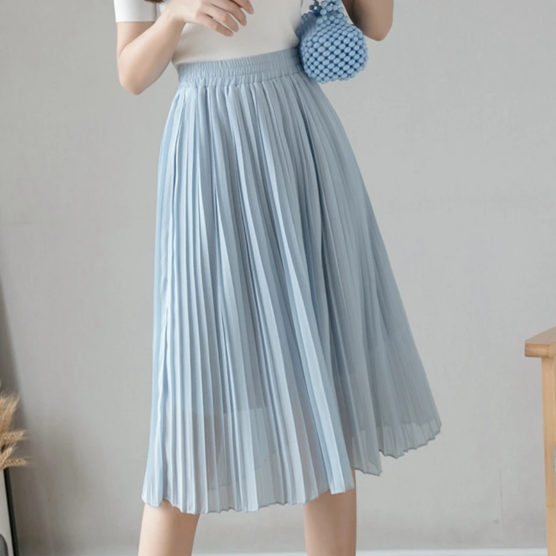 Summer Chiffon Pleated Skirts Women Casual Elastic High Waist Beach Knee-Length Midi Skirts Korean Fashion Black White Skirt