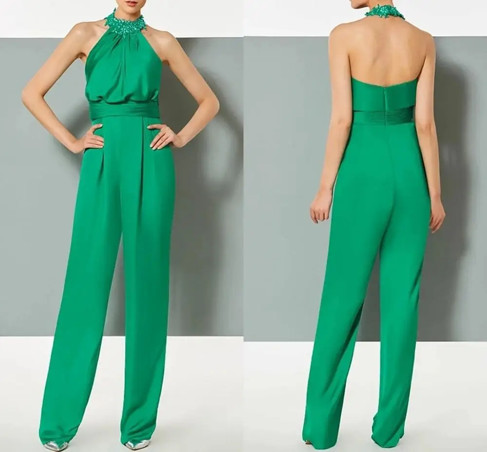 

Fashion Green Jumpsuit Halter Beading Women Pants Suit Engagement Evening Dresses Backless Prom Party Gowns Robe De Soriee