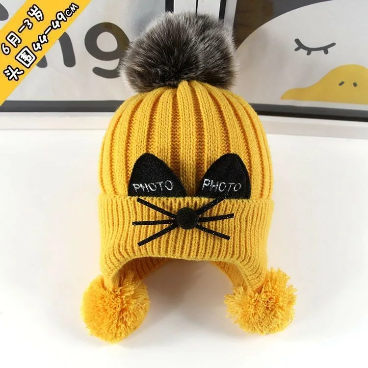 1 to 10 years old children\'s hats autumn winter with warm velvet ear protection hats baby cute boys and girls knitting wool hats