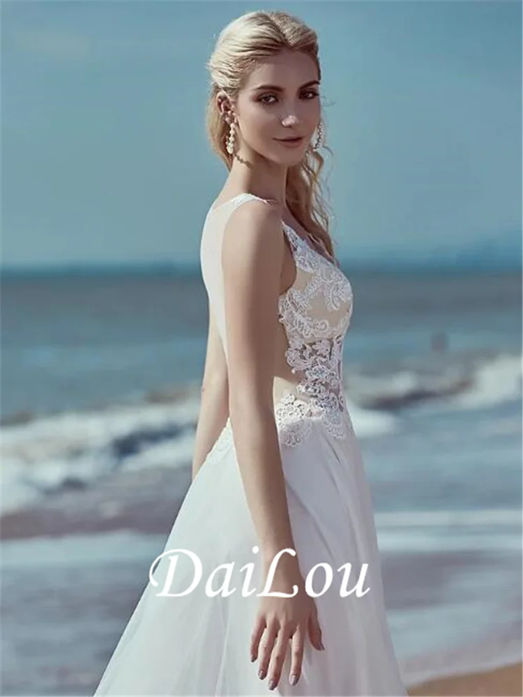 Robe de mariée ligne a, col en V, balayage/brosse, traîne, dentelle, Tulle, bretelles régulières, plage, transparente, dos nu, 2021