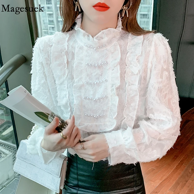 Early Autumn 2021 Elegant Lace Blouse Women Ruffles Stitching White Bottoming Shirt Stand Collar Chic Pearl Loose Tops New 17768