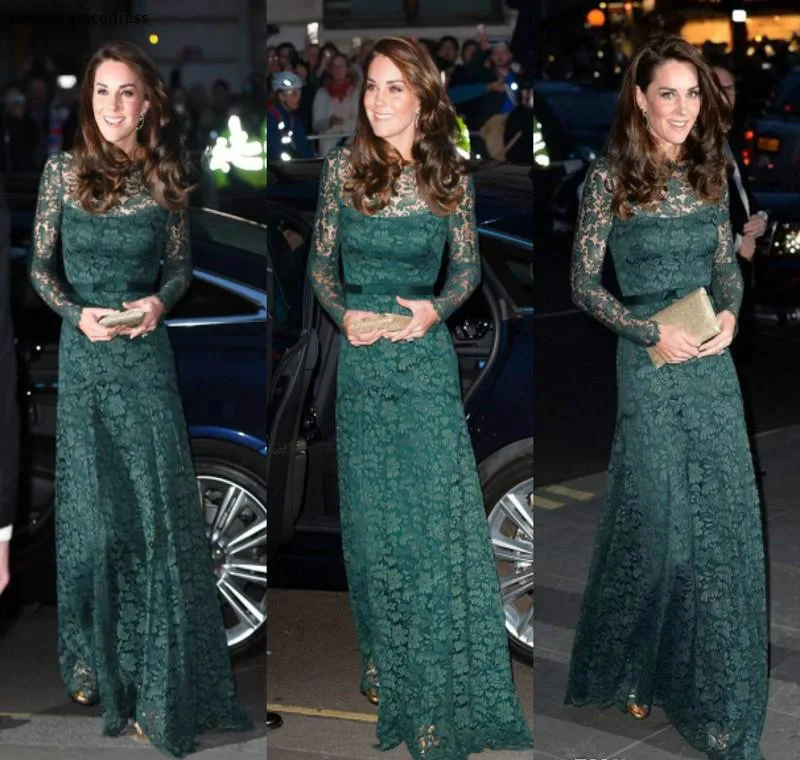 Kate Hunter Green Evening Dress Full Lace Illusion Long Sleeves Formal Mother Holiday Wear Prom Party Gown Custom Made Plus Size