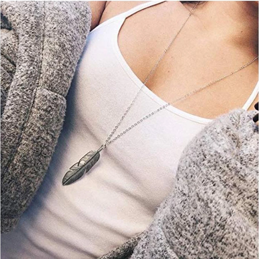 Long pendant necklace sweater Necklace feather pendant color plated Metal Chain