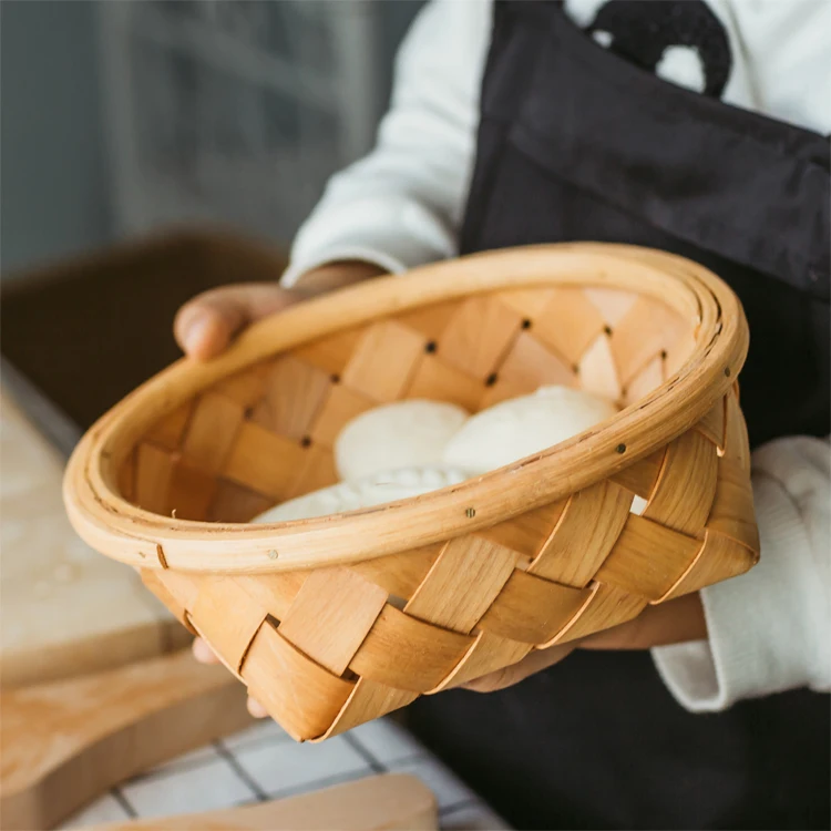 TT Handmade Wood Piece Knitted Basket Bread Fruit Egg Picnic Ginger and Garlic Storage Rattan Bamboo Woven Storage Basket