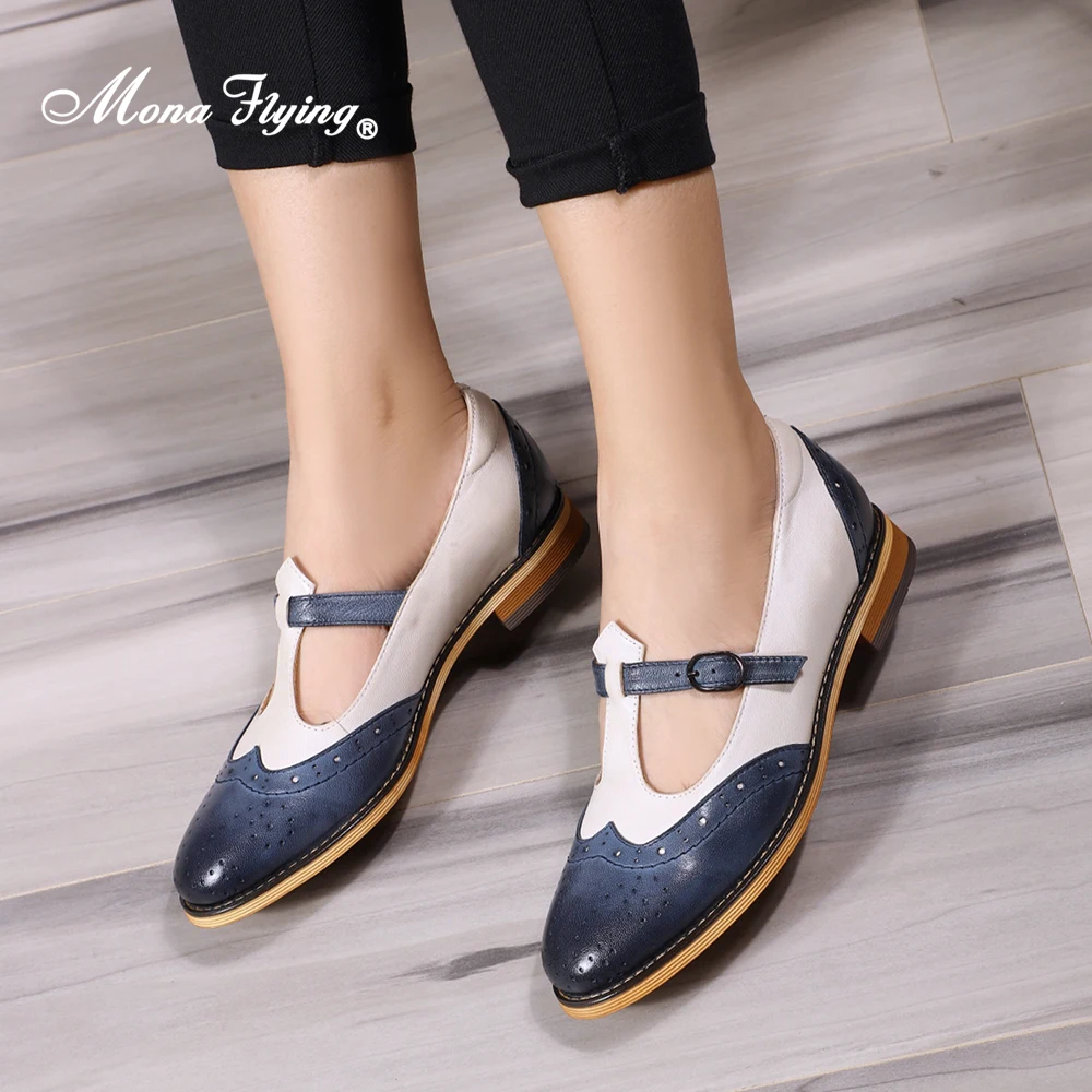 Mona Flying Women Genuine Leather Mary Jane Flat Casual Shoes Loafers Shoes with Buckle Ladies Shoes Elegant Low Heel A068-F103