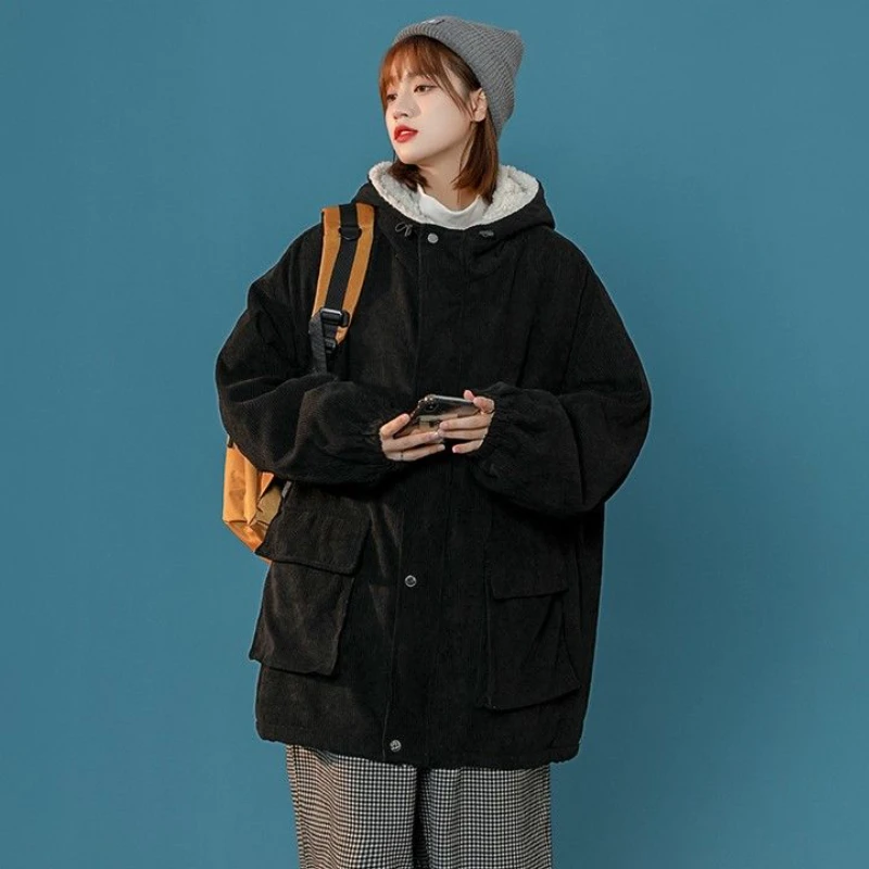 Parkas Women Hooded Corduroy Fashion Korean Style Aesthetic All Match Thicken Simple Tender Collage Winter Street Wear Loose