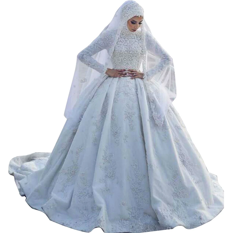 Vestido de baile muçulmano com renda, lindos vestidos de casamento com hijab, gola alta, vestido de noiva inchado, mangas compridas