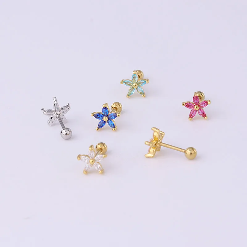 1PC Fashion Rainbow Cz Flower Stud Earring for Women Small Ear Bone Labret Piercing Cartilage Earring Helix Daith Tragus Jewelry