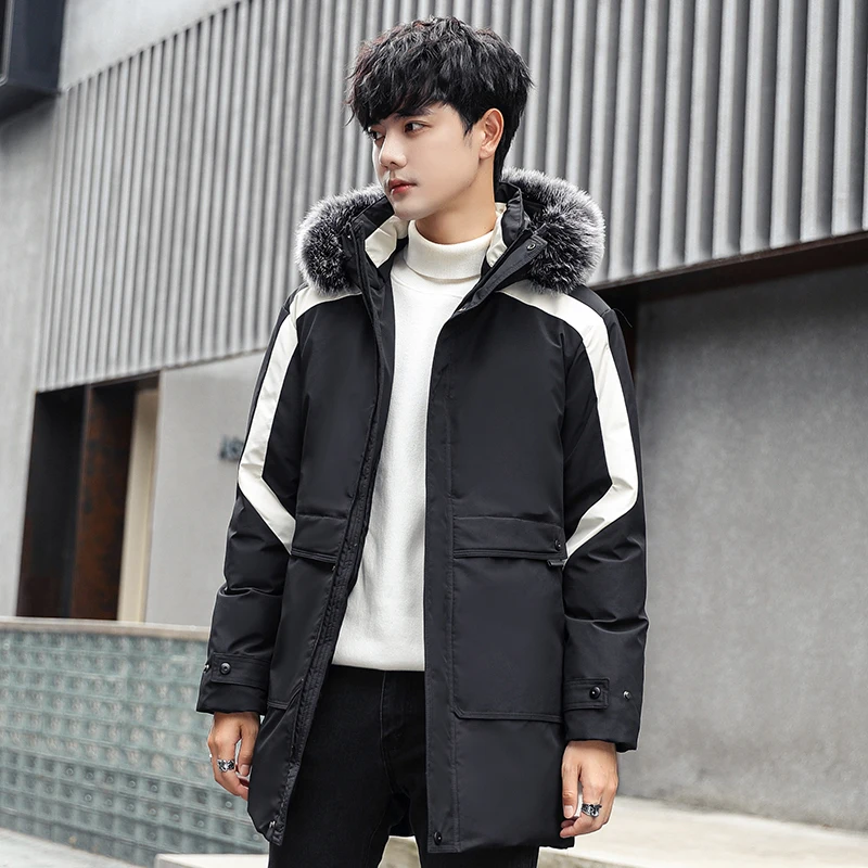 2021 Winter Big fur collar hooded young men's fashion trend white duck down down jacket for cold temperature long warm coat