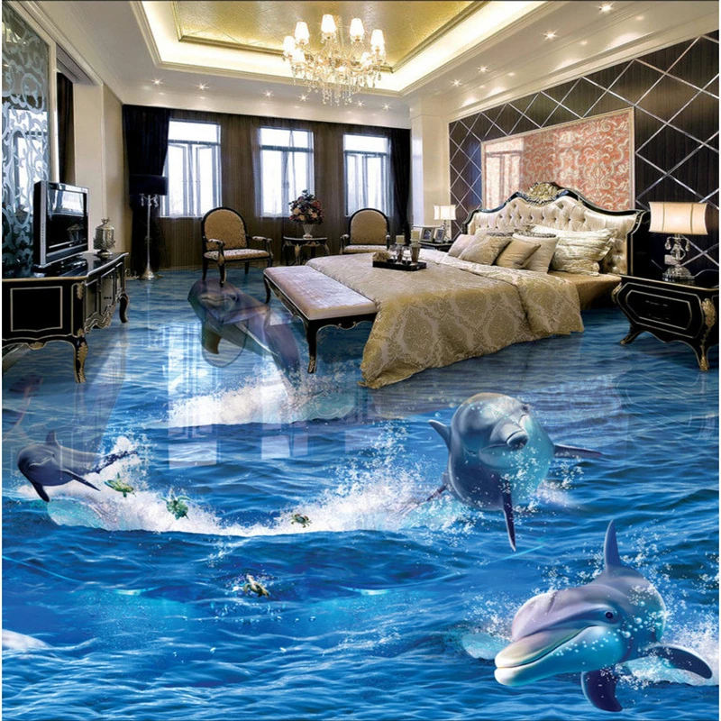 Custom 3D Flooring dolphins out of the water Ocean World фотообои stereo bathroom Living Room Bedroom Mall floor papel de parede