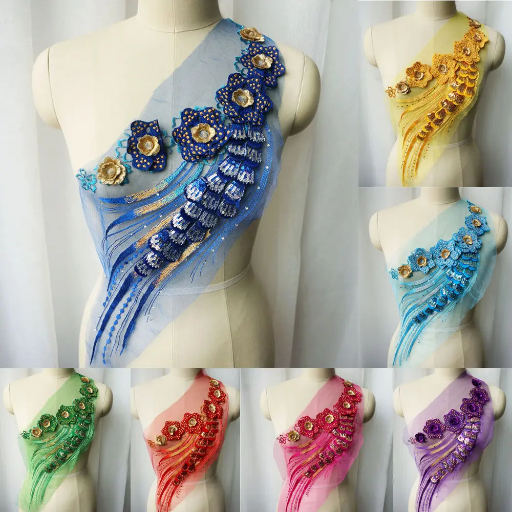 

Blue Pink Gold Flower Lace Fabric Sequin Tassel Embroidered Gown Appliques Collar Sew Patch For Wedding Decoration Dress DIY