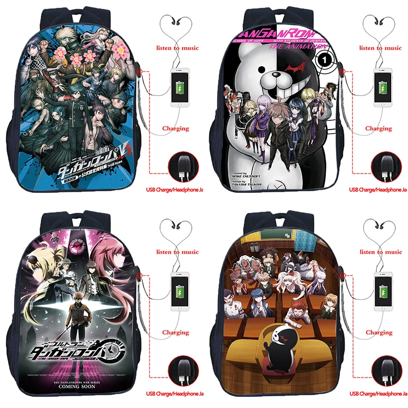 Danganronpa Usb Backpack Kyouko Kirigiri Children School Bags 16inch Kids Boys Girls Mochila Infantil 3d Cat Prints Knapsack