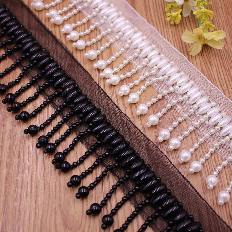 

10Yards long pearl fringe beaded lace trim garment dress tassel lace decoration shoes ornaments white black hanging bead curtain