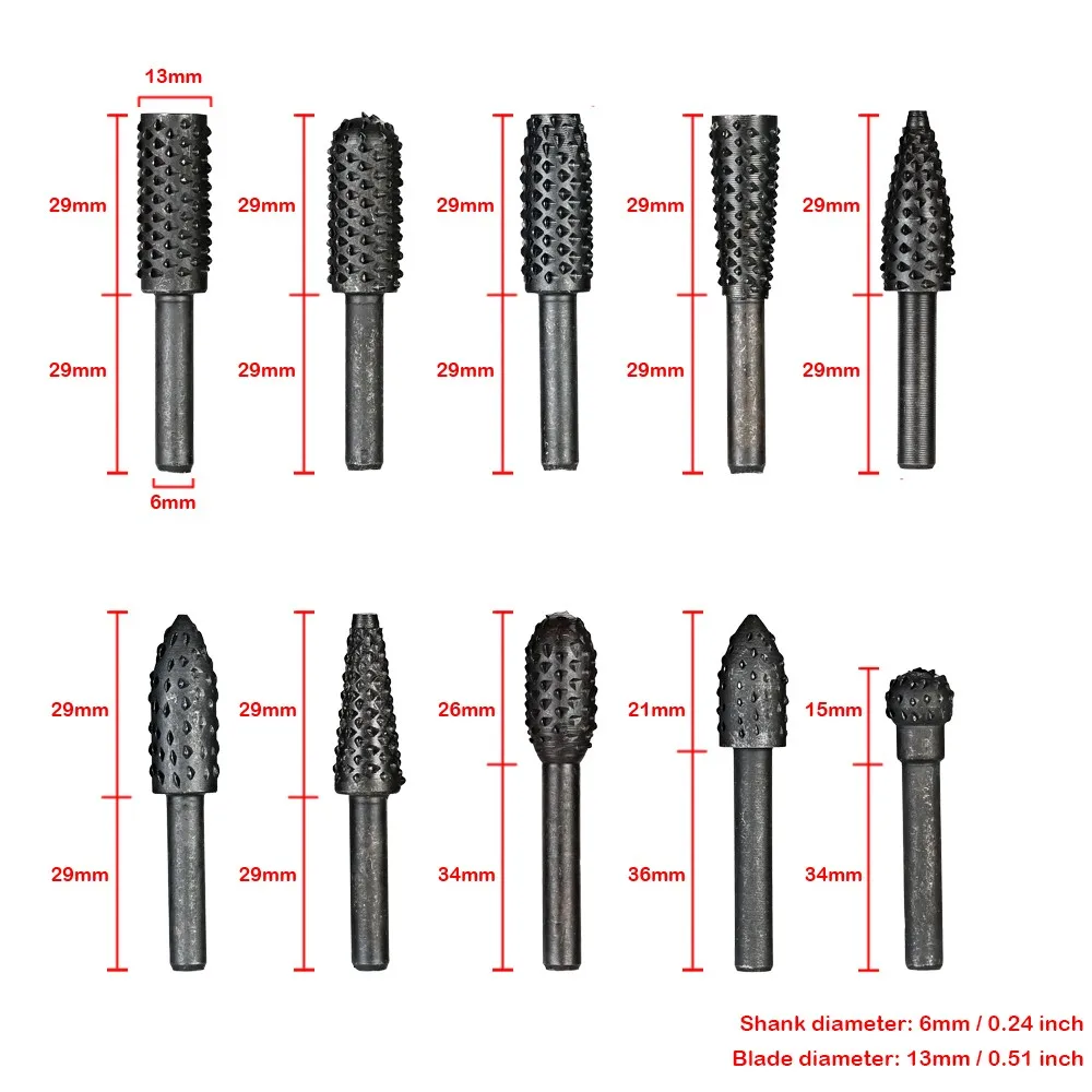 10pcs Rotary Files Rasp Set 6mm Shank Carbon Steel Carbide Milling Cutter Rotary File Burr Tool Woodworking Carving Bits Grindin