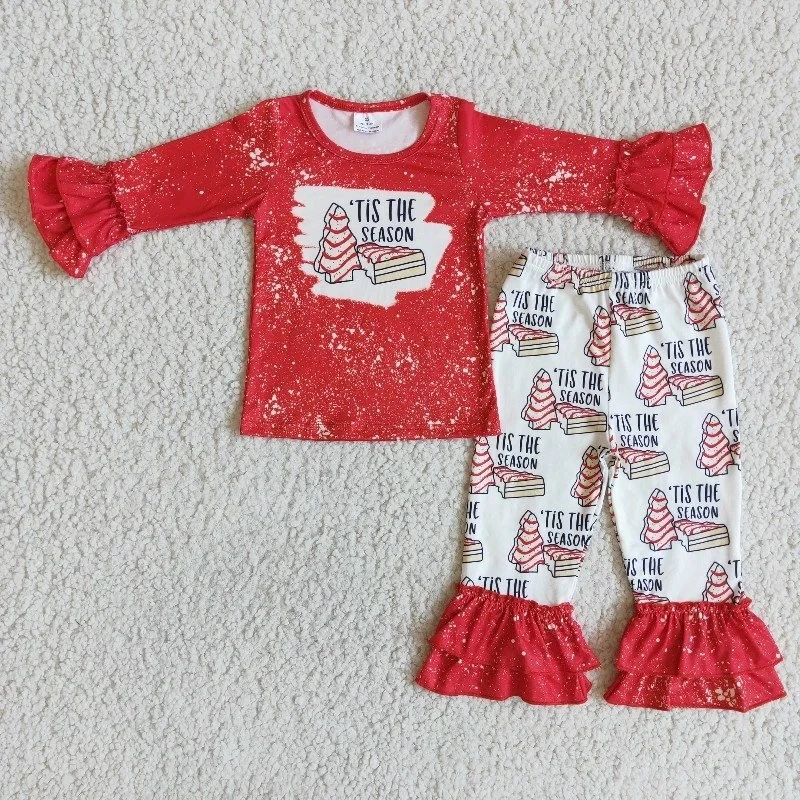 

Wholesale Toddler Christmas Tree Cookie Children Red Outfit Baby Girls Fashion Boutique Clothing Ruffle Pants Infant Kid Clothes