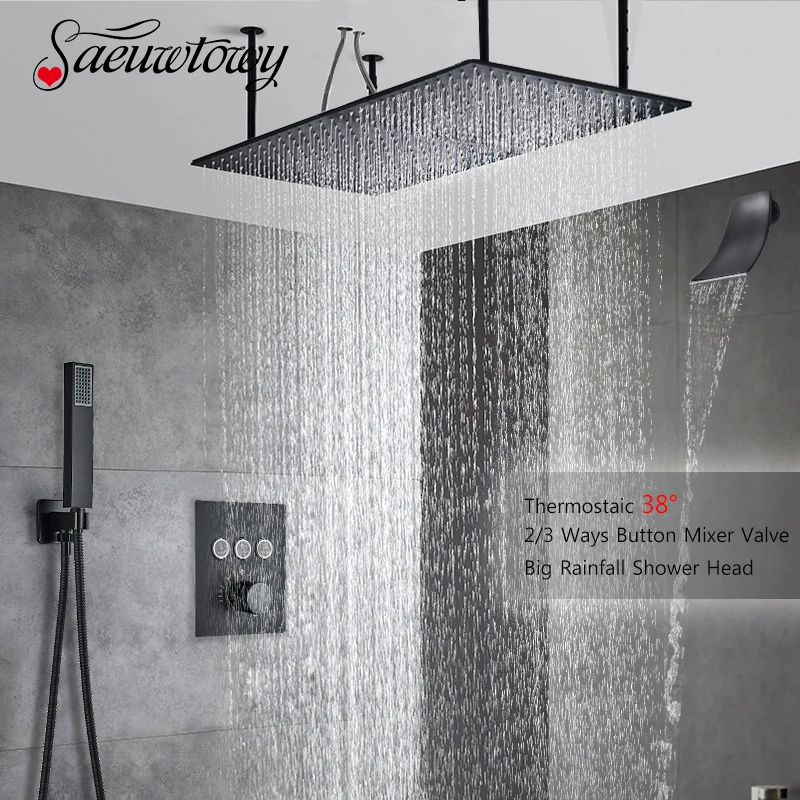 Luxury Thermostatic Bathroom Shower FaucetBig Rainfall Shower Head Rotate/Waterfall Bath Tub Spout 2/3 Ways Push Key Mixer Tap