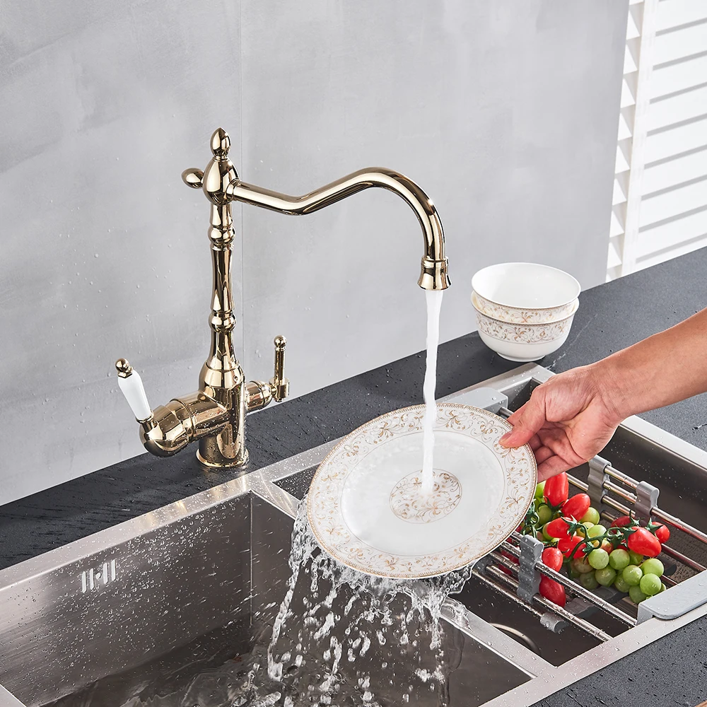 

3 In 1 Water Purifier Sink Faucet Golden Water Filter Kitchen Faucet Two Handle Kitchen Drinking Water Faucet Brass Swivel Spout
