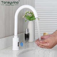 Torayvino Sensor Bathroom Faucet White Automatic Hands Free Sensor Mixer Water Tap Deck Mounted Basin Sink Bathtub Faucets