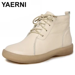 YAERNI Flat With Genuine Leather Women Ankle Boots Spring Autumn Female Riding Fashion Boots Ladies Luce-Up Shoes Botas Mujer