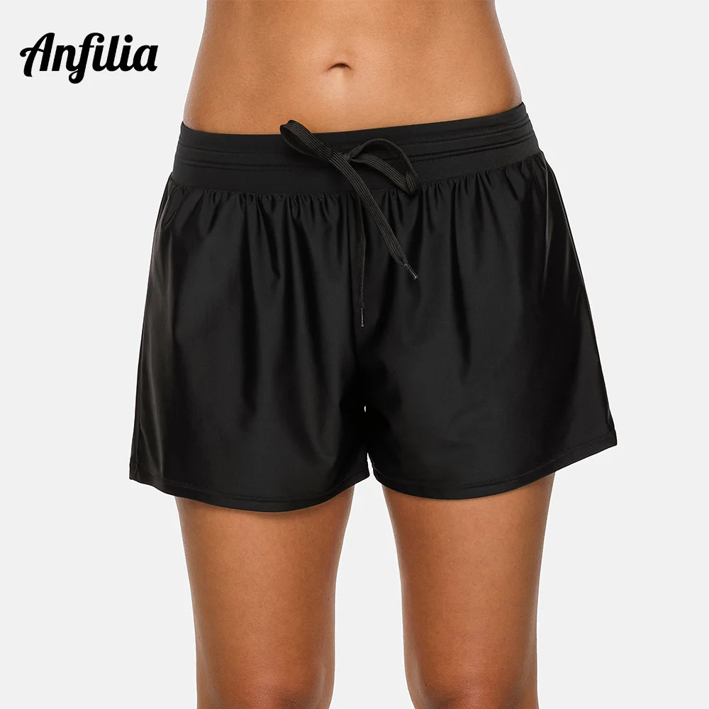 Anfilia-pantalones cortos de baño para mujer, parte inferior de Bikini de Color sólido, bañador con tiras