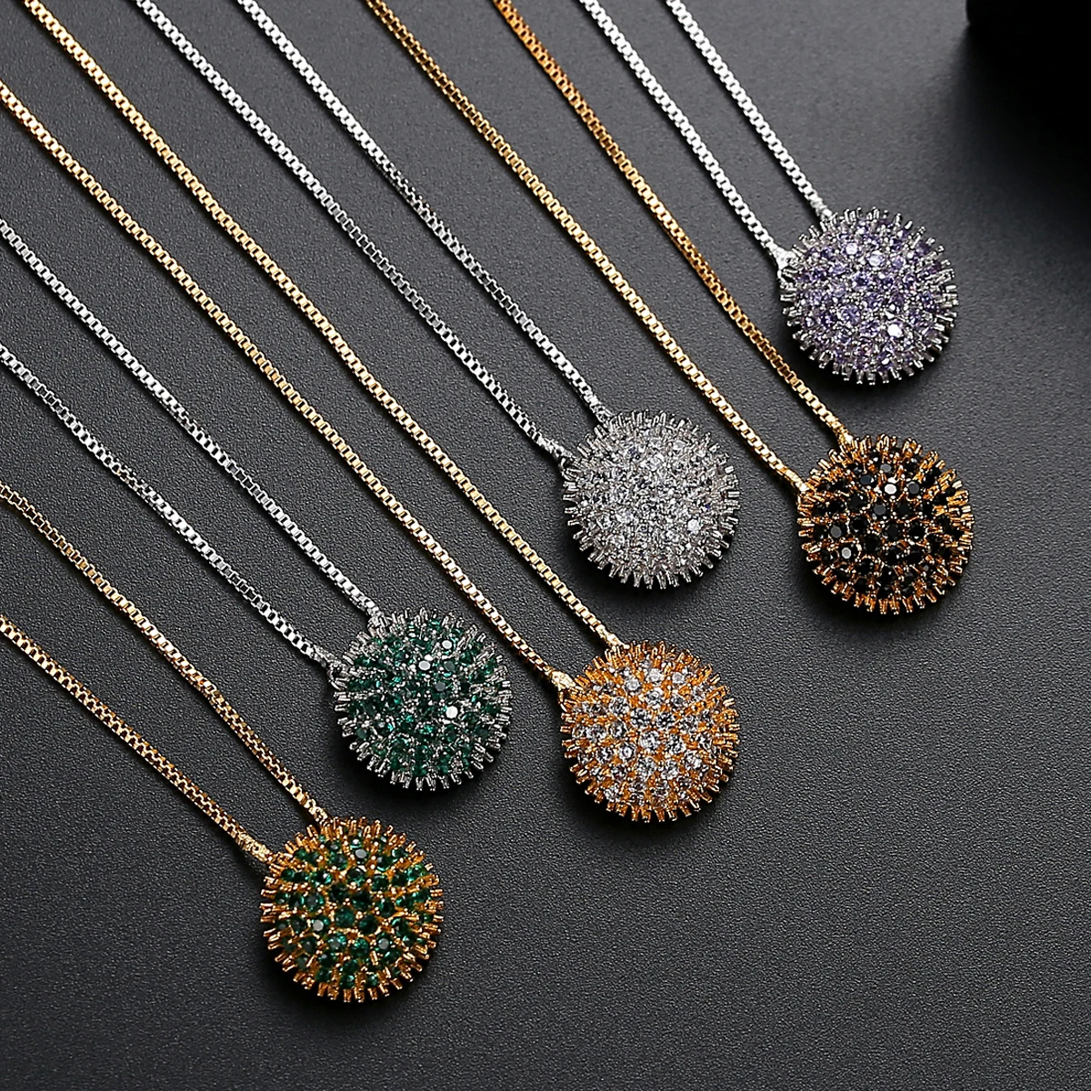 LUOTEEMI Sea Urchin Shape Punk Round Cubic Zirconia Pendant Necklaces for Women Unique Fashion Men Jewelry Christmas Gifts