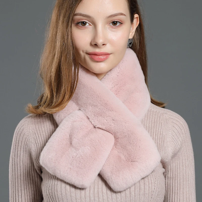 Korean Solid Color Faux Rabbit Fur Cross Plush Scarf Women's Winter Thicken Double Sided Collar Neck Protector Warm Scarves T27