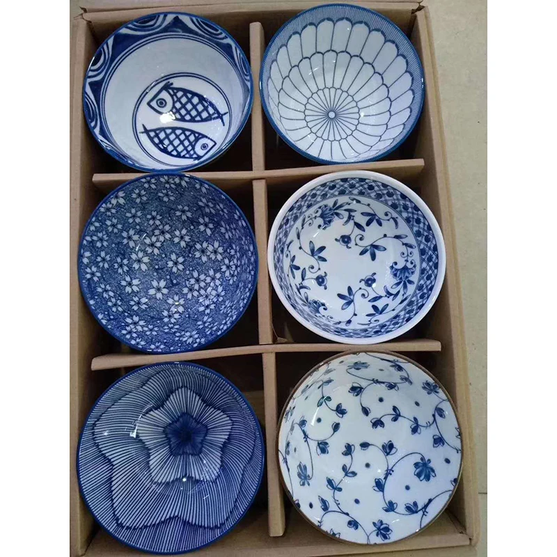 Japanese Ceramic Salad Rice Bowls, Classical Blue and White Kitchen Tableware, Household Restaurant Soup Noodle Bowl, 6Pcs Set