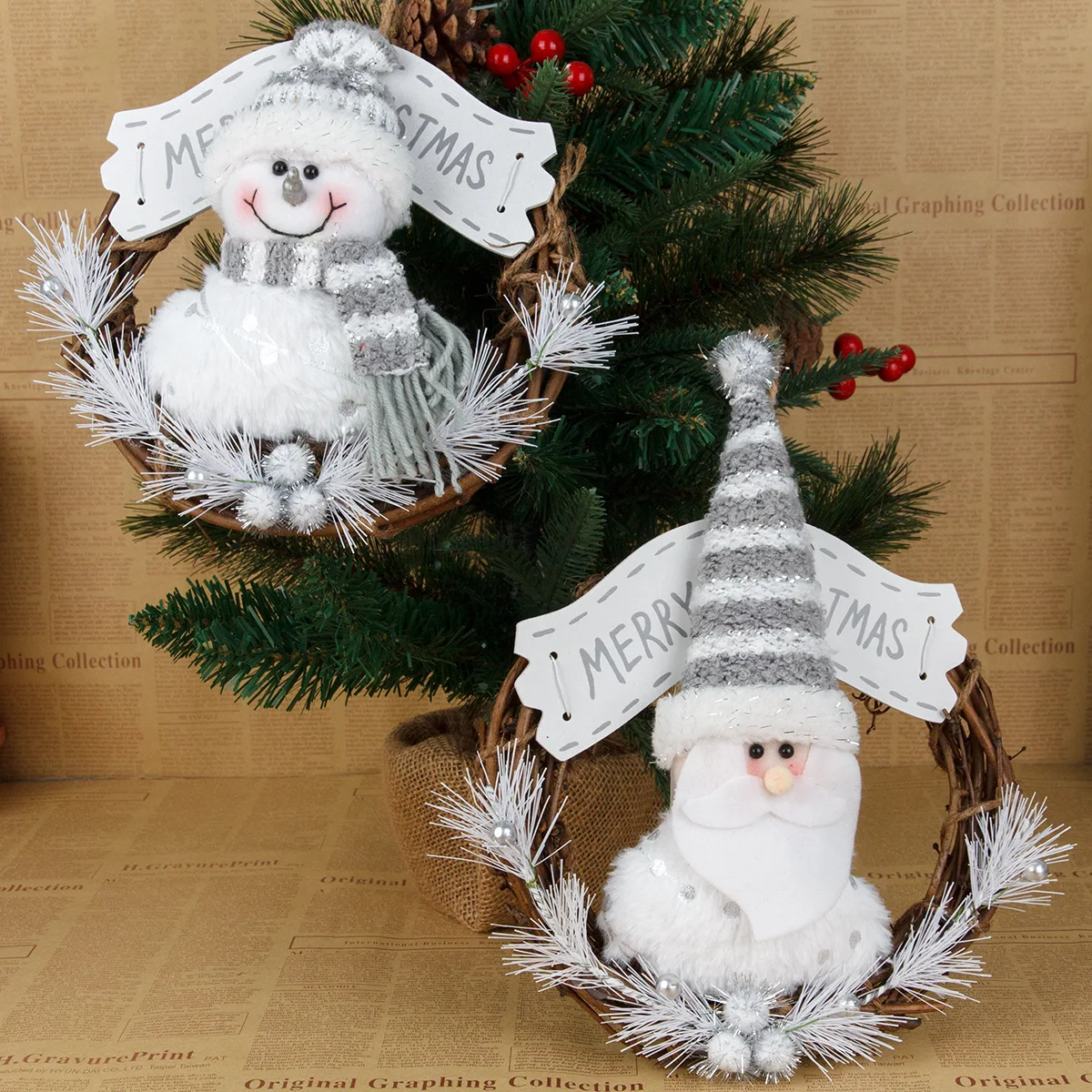 White Christmas Decor Door Wreath Santa Claus Snowman Vine Circle Pendant Wreath Garland Rattan Festival Gifts Party Home Decor