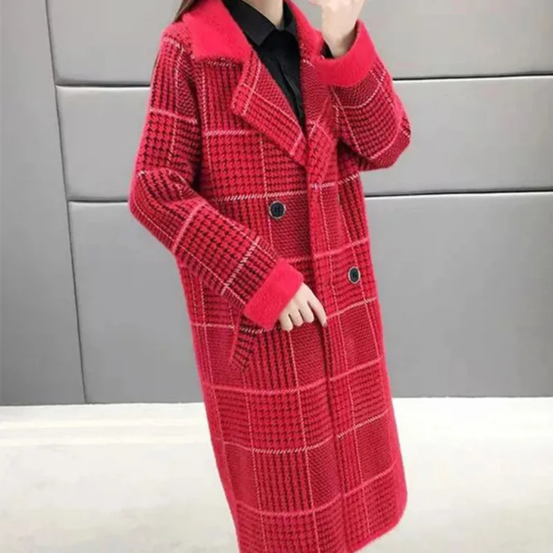 Imitation Mink Velvet Coat Women New Long Trench Coats Autumn Winter Thick Loose Warm Imitation Mink Plaid Overcoat Abrigo Mujer