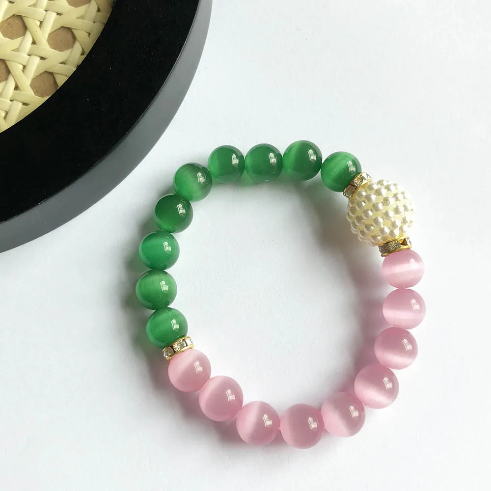 Hand Made Greek Sorority Elastic Line Pink Green Cat's-Eye Charm Pendant Bracelet Women Jewelry